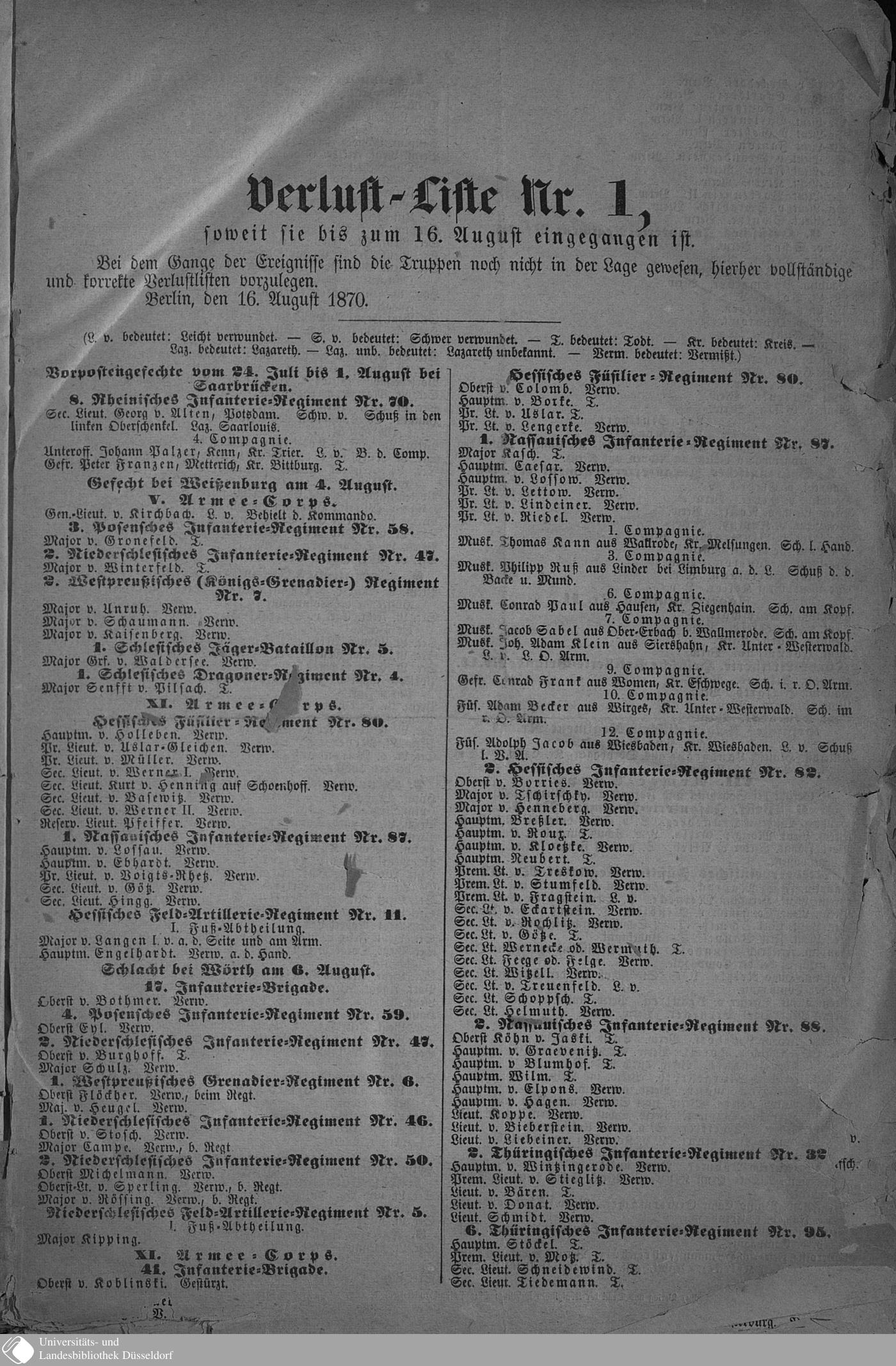 Erfassung der Verlustlisten 1870/71 Preußens und Badens