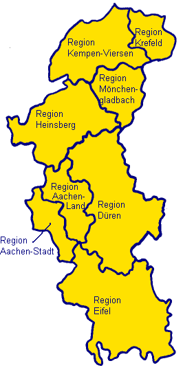 Übersichtskarte des heutigen Bistums Aachen nach Regionen.