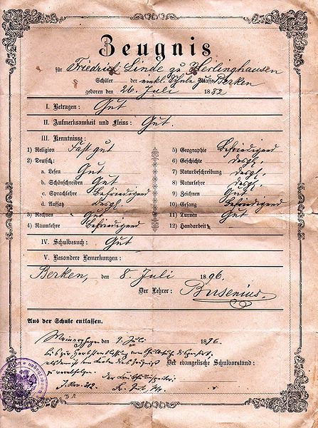 Datei:Linde Fritz Entlassungszeugnis 9 Juli 1896.jpg
