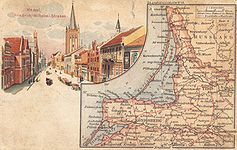 Postkarte mit Nordostpreußenkarte und Ansicht der Friedrich-Wilhelm-Straße in Memel