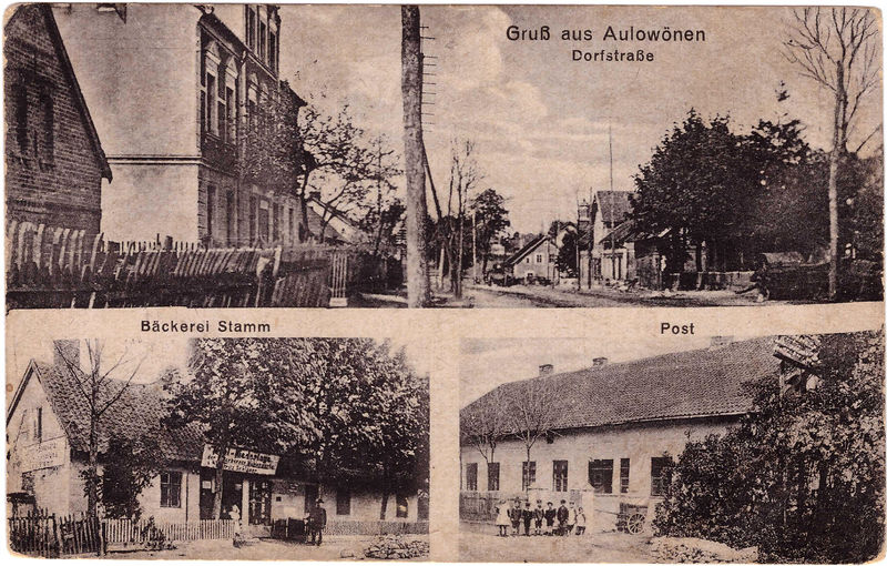 Datei:Aulowöhnen (Ostp.) - Ksp. Aulenbach - 1921 - Dorfstrasse Seidler - Bäckerei - Post (AK).jpg