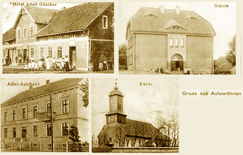 Datei:Aulowöhnen (Ostp.) - Ksp. Aulenbach - 1905 - Apotheke, Kirche, Schule, Hotel Günther (AK).jpg