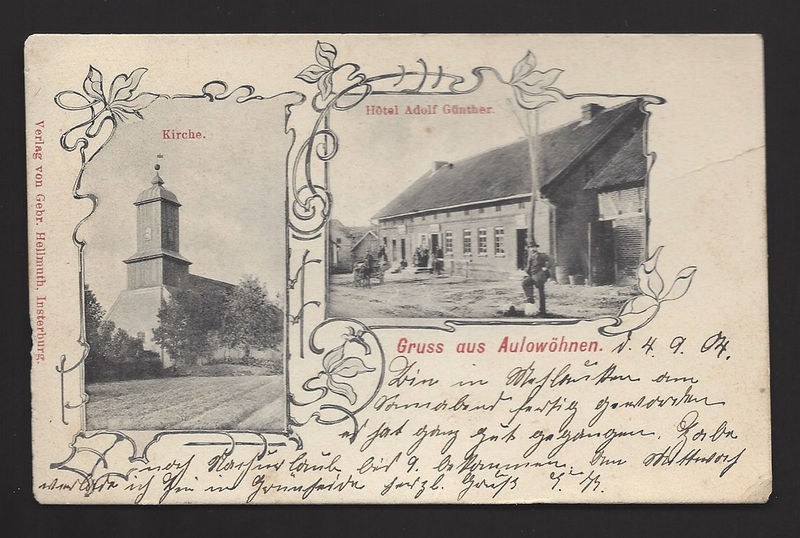 Datei:Aulowönen (Ostp.) - Ksp. Aulenbach - 1904 - Kirche- Gasthof Günther (AK).jpg