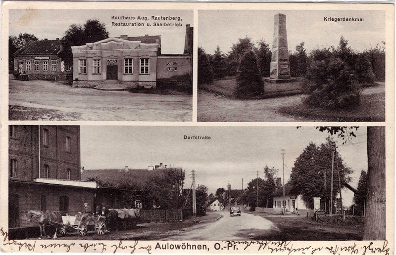 Datei:Aulowöhnen (Ostp.) - Ksp. Aulenbach - 1938 - Rautenberg, Kriegerdenkmal, Dorfstrasse (AK).jpg
